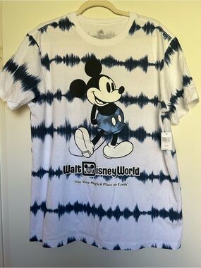 Disney White & Navy Tie-Dye Mickey Mouse WDW Graphic Tee NWT Large unisevy